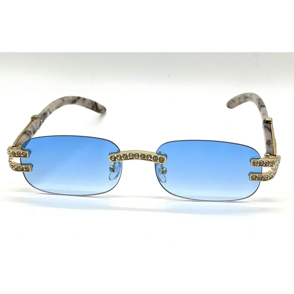 Rimless Gradient Blue‎ Lens Sunglasses Rhinestone Embellished Gold Tone Frames